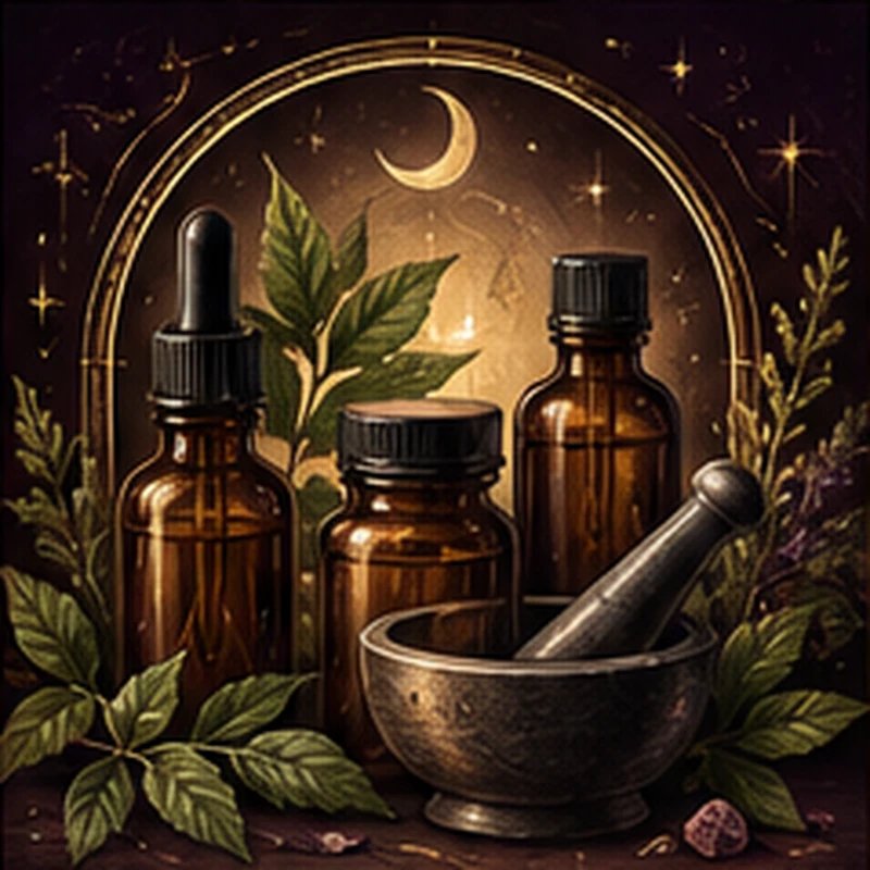 Glass apothecary bottles with botanicals on a shelf, Amber's Alchemy Apothecary