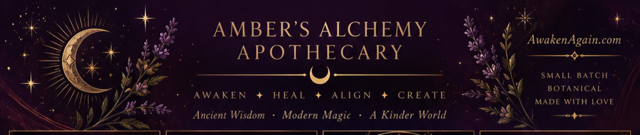 Amber's Alchemy Apothecary banner with gold botanical artwork on deep plum, Amber's Alchemy Apothecary