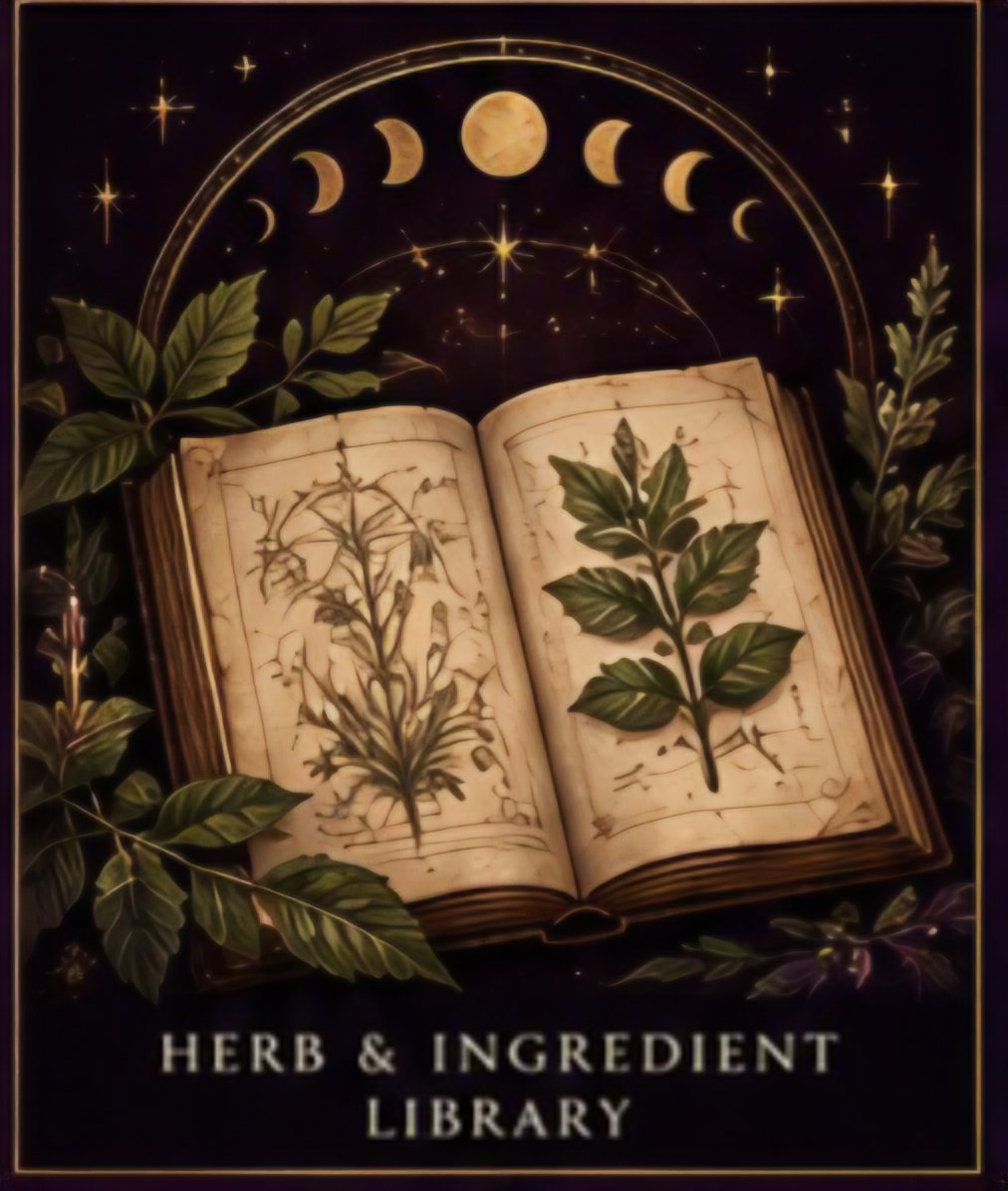 Botanical herbs and apothecary jars from the herbal library, Amber's Alchemy Apothecary