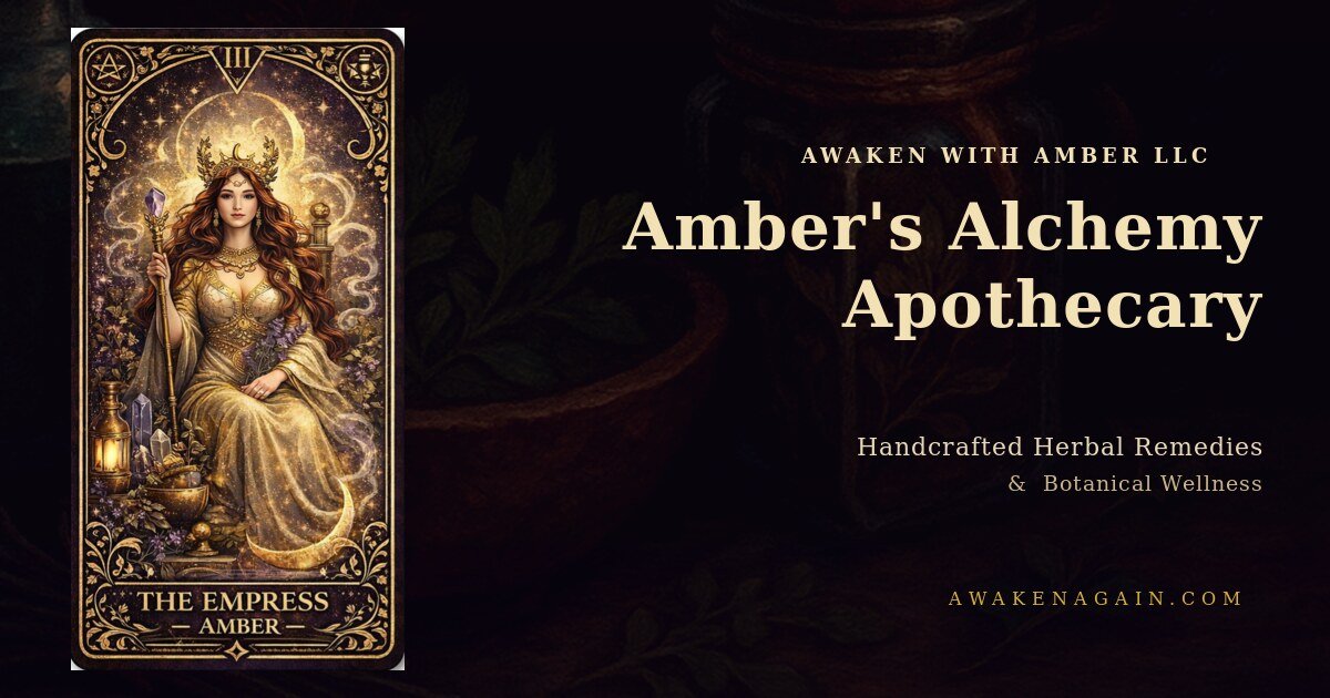 Branded artwork with gold botanical details on deep plum, Amber's Alchemy Apothecary