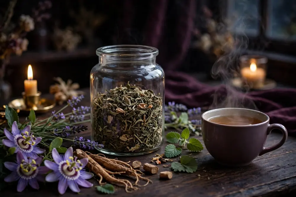 Chill Pill Tea — generated representation: loose-leaf passionflower and lemon-balm blend beside a steaming cup in twilight candlelight