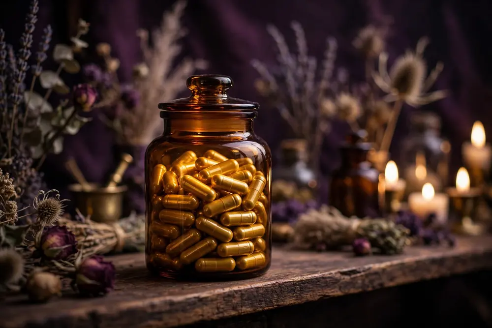Collagen Supplement — generated representation: amber apothecary jar of golden capsules among dried botanicals and candlelight, deep plum and gold