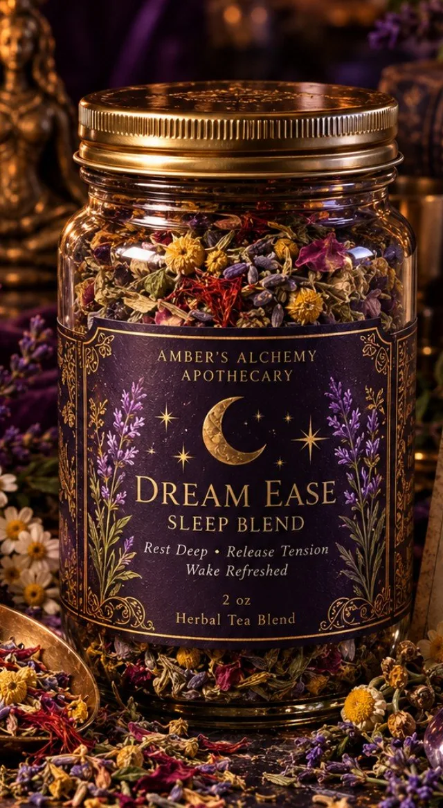 DreamEase Herbal Tea — owner-supplied artwork: a labeled glass jar reading "Dream Ease Sleep Blend — 2 oz — Herbal Tea Blend" filled with loose-leaf botanicals, beside a brass scoop and lavender in candlelit apothecary styling