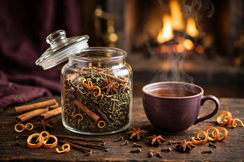 Golden Hearth Tea — generated representation: spiced loose-leaf blend with cinnamon and star anise beside a steaming cup by firelight