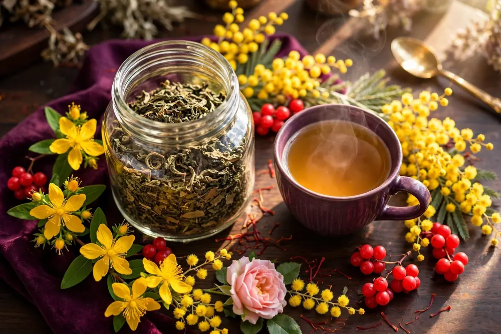 Happy Pill Tea — generated representation: loose-leaf flowers, mimosa, schisandra and saffron blend beside a steaming cup in sunlight