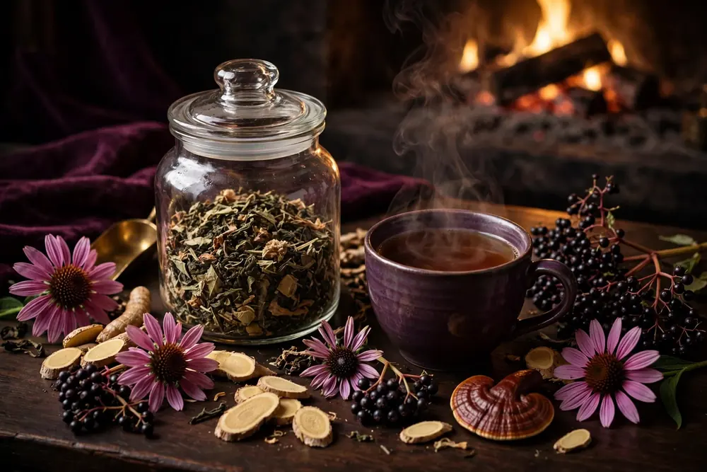 Immune-At-Ease Tea — generated representation: loose-leaf elderberry, echinacea and reishi blend beside a steaming cup by firelight