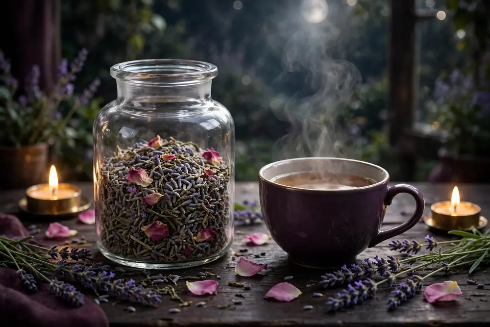 Moonlit Lavender Rose Tea — generated representation: loose-leaf lavender and rose-petal blend beside a steaming cup in moonlight