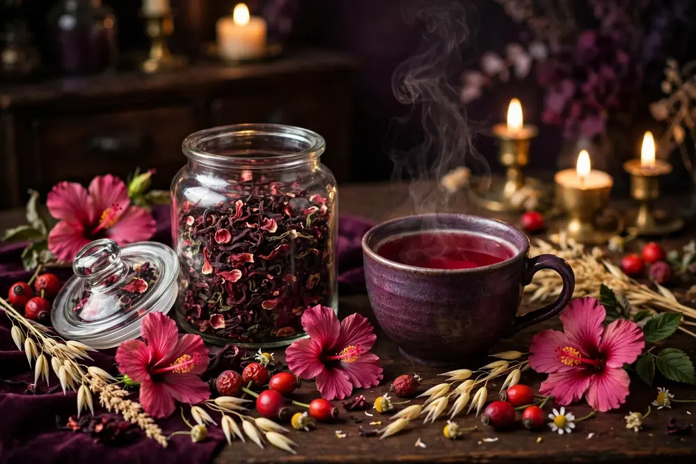 Radiance Support Tea — generated representation: ruby hibiscus and rose-hip loose-leaf blend beside a steaming crimson cup