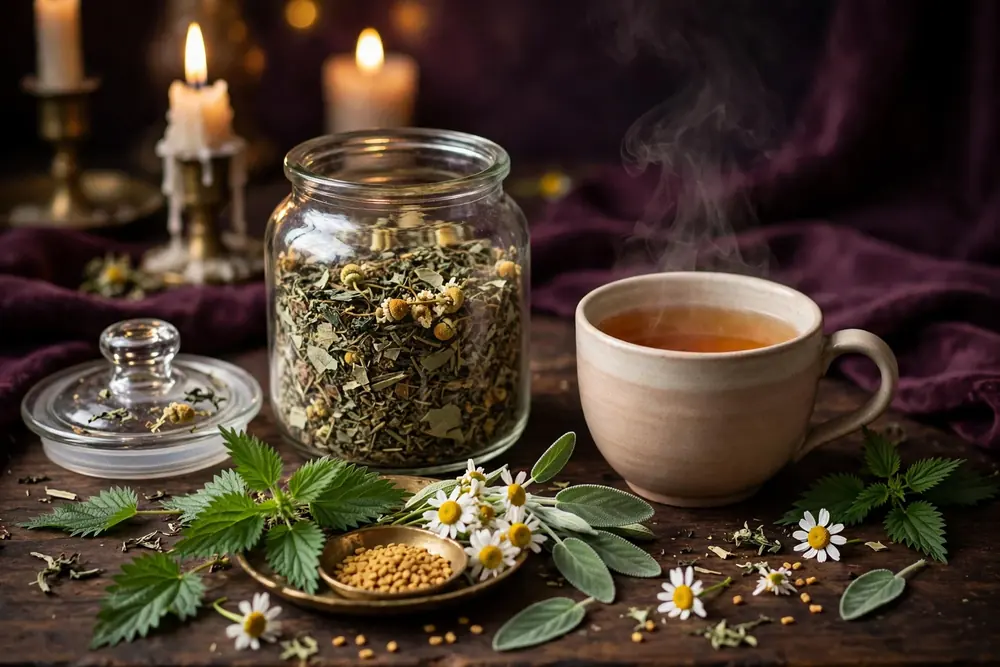Sacred Balance Tea — generated representation: loose-leaf tulsi, nettle, sage and chamomile blend beside a steaming cup by candlelight
