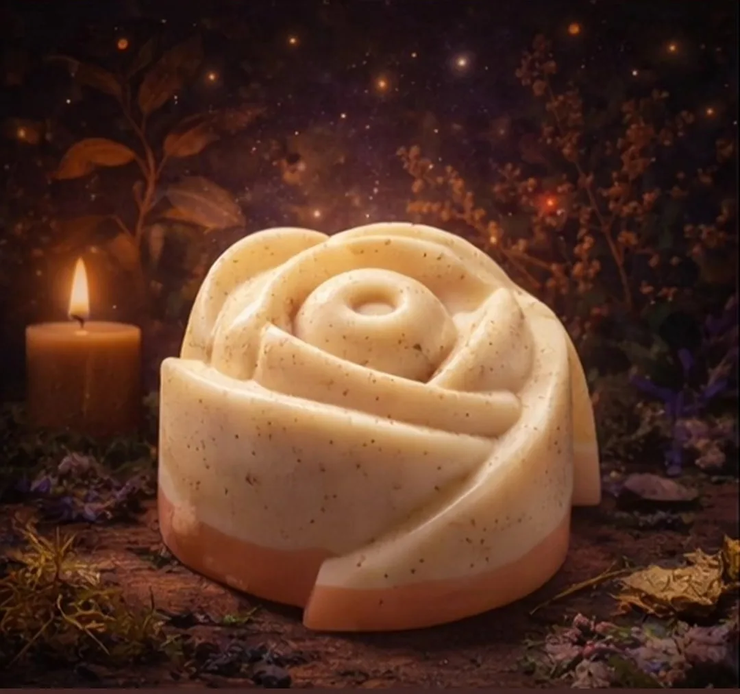 Shea & Goat Milk Small Rose Soap — the maker's own photograph: a cream rose-mold bar with a pale peach base layer, beside a lit candle in candlelit apothecary styling