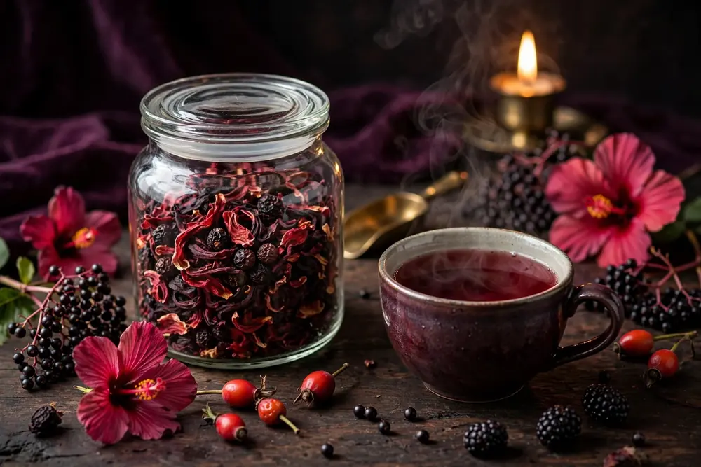 Velvet Hibiscus Berry Tea — generated representation: hibiscus and dark-berry loose-leaf blend beside a steaming garnet cup by candlelight