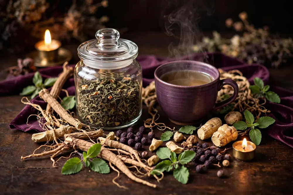 Vital Connect Tea — generated representation: loose-leaf maca, shatavari, tulsi and vitex blend beside a steaming cup in warm candlelight