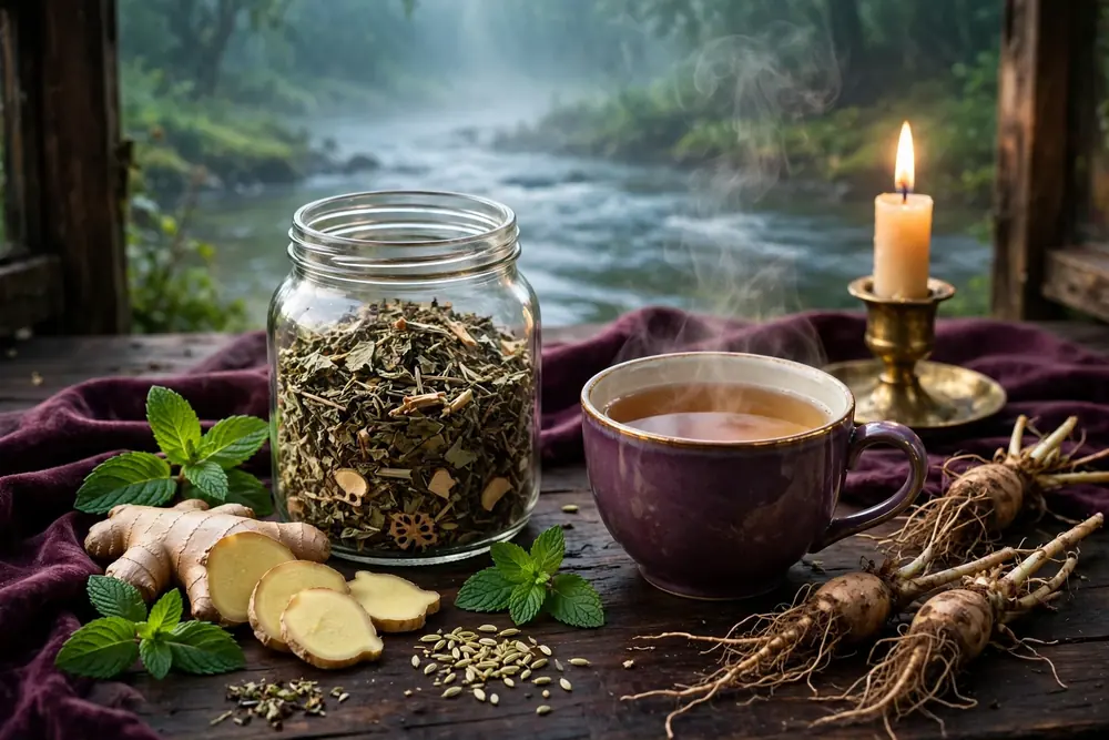 Vital Flow Tea — generated representation: loose-leaf ginger, peppermint and fennel blend beside a steaming cup