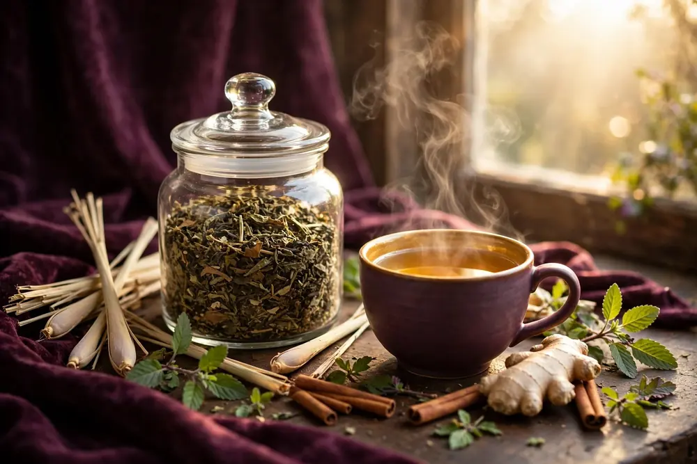 Vital Vitality Tea — generated representation: loose-leaf roots and lemongrass blend beside a steaming cup in morning light