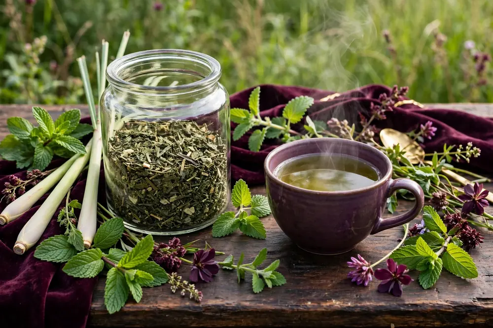 Wild Mint Meadow Tea — generated representation: green loose-leaf mint blend beside a steaming cup in daylight