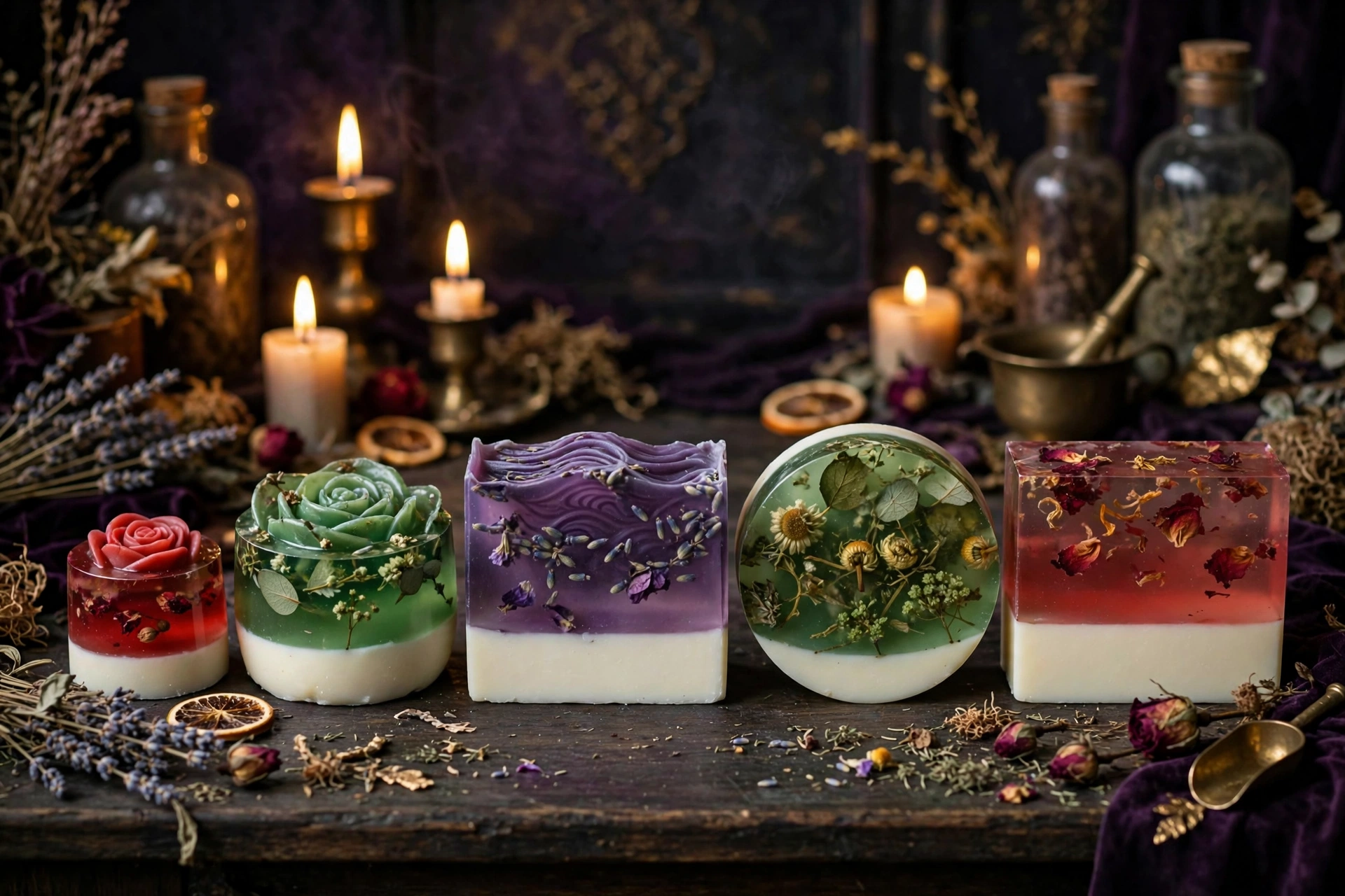 Five-soap lineup: small red rose, larger green rose, purple wave rectangle, green floral round, red plain rectangle — double-layer, correct relative sizes, dark enchanted-apothecary styling